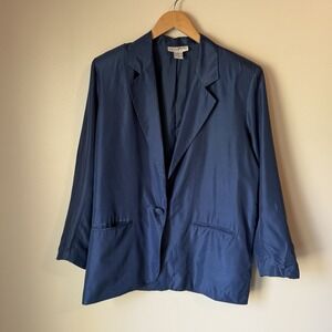 Karen Arnold Women's Silk Blazer Jacket Size M Medium Blue Oversized Button